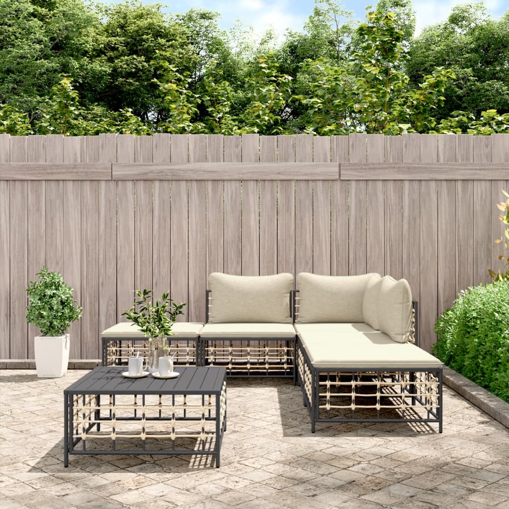 5-tlg. Garten-Lounge-Set mit Kissen Anthrazit Poly Rattan