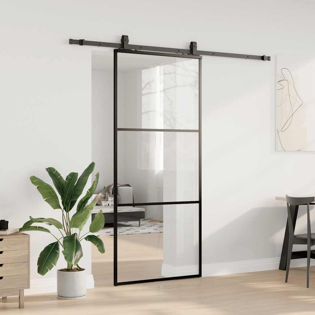 Schiebetür mit Beschlag Schwarz 76x205 cm ESG-Glas