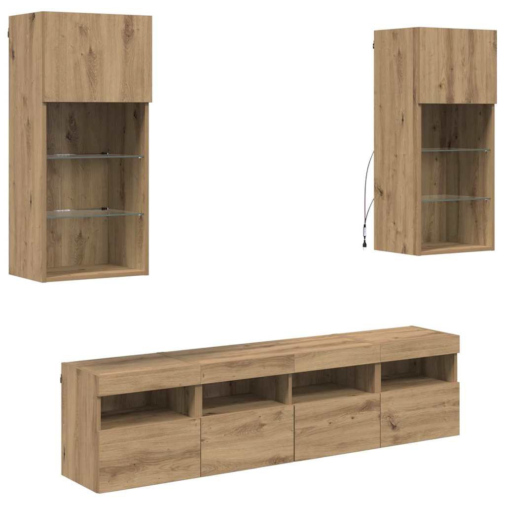 5-tlg. Wohnwand mit LED-Beleuchtung Weiß Holzwerkstoff
