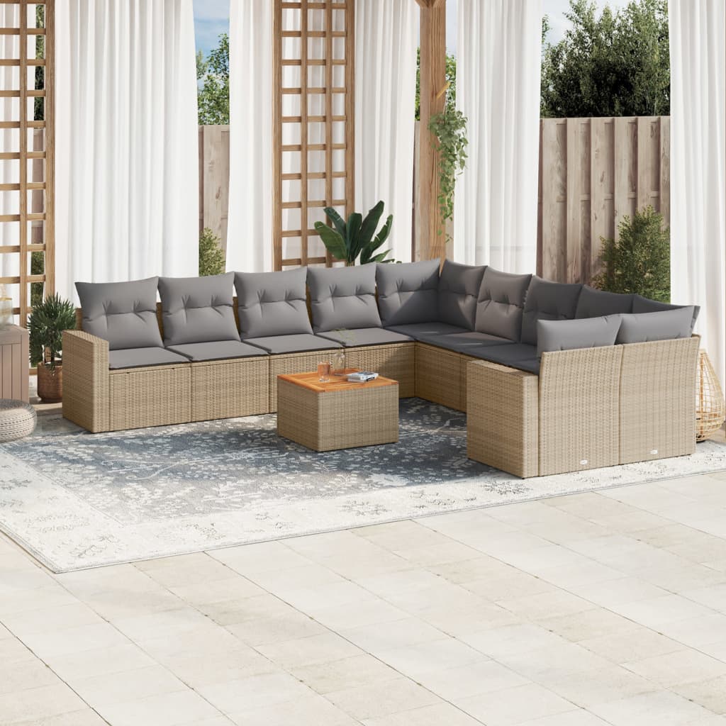 11-tlg. Garten-Sofagarnitur mit Kissen Schwarz Poly Rattan