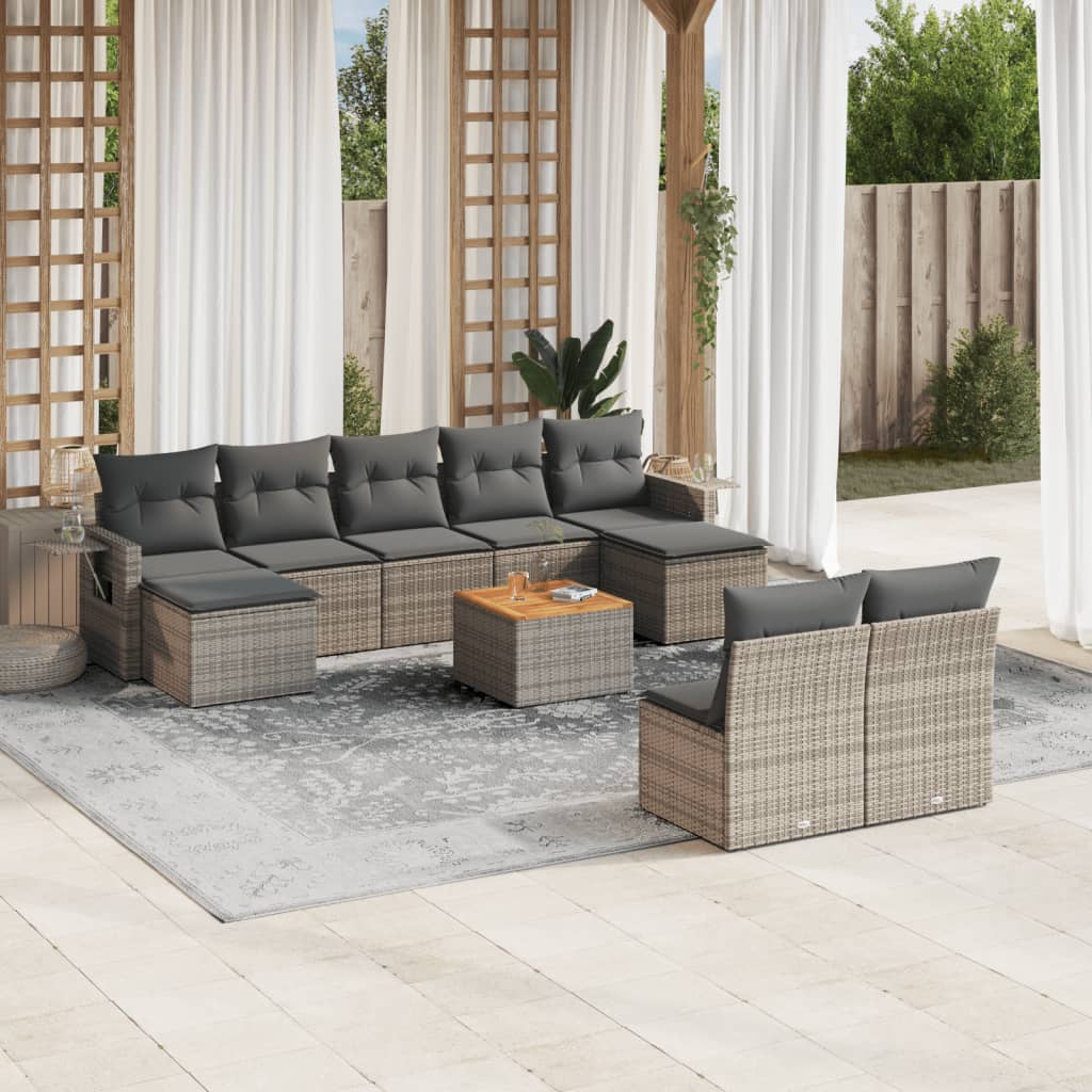 10-tlg. Garten-Sofagarnitur mit Kissen Schwarz Poly Rattan