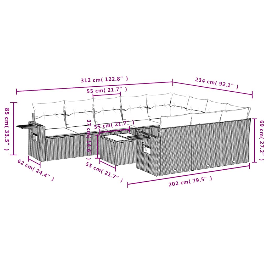 10-tlg. Garten-Sofagarnitur mit Kissen Schwarz Poly Rattan