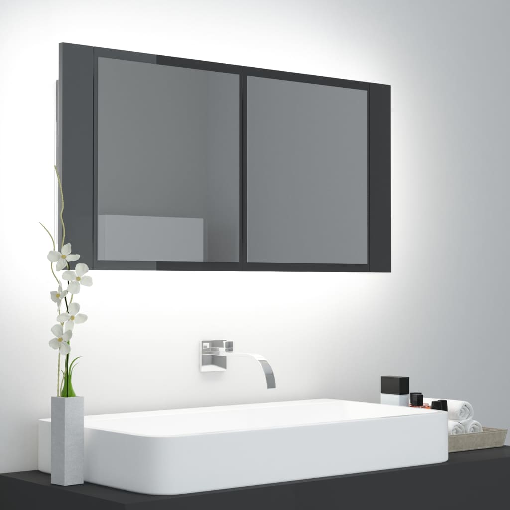 LED-Bad-Spiegelschrank Grau 90x12x45 cm Acryl