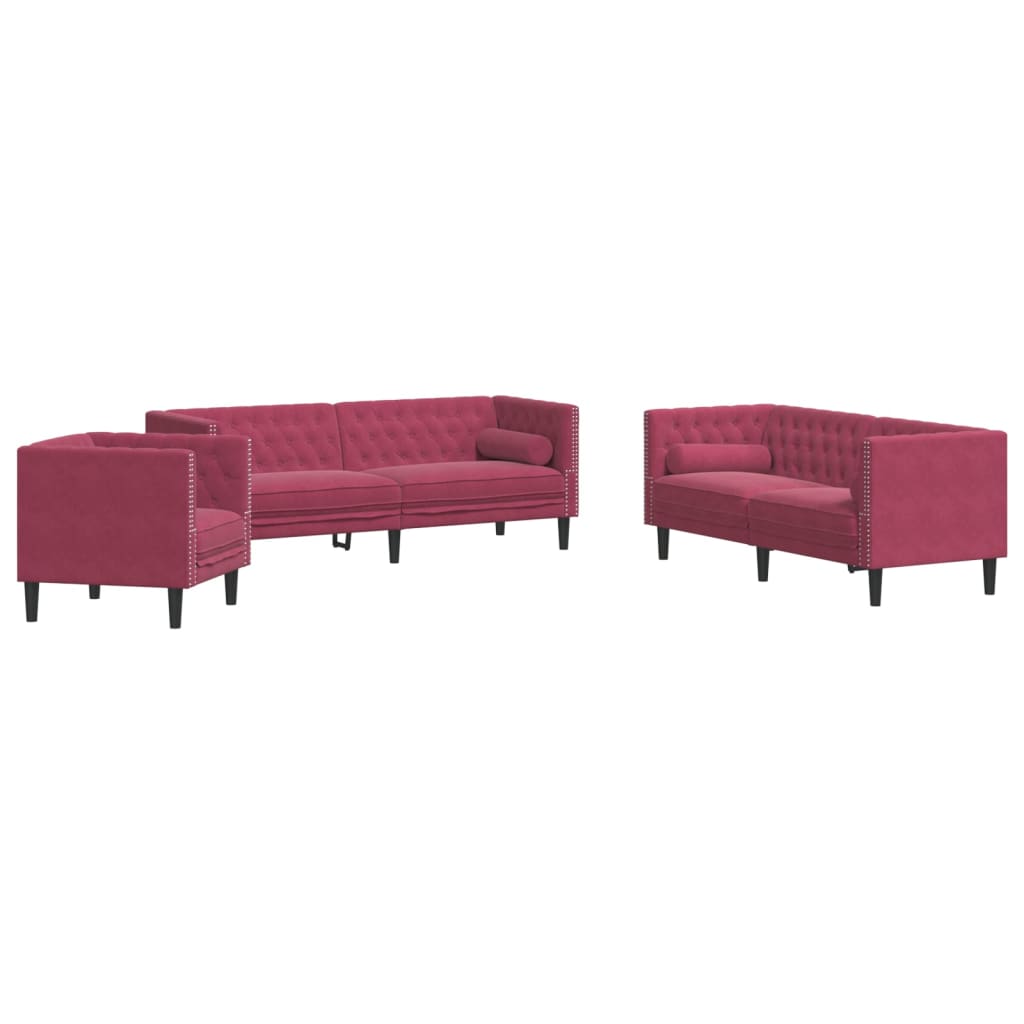 3-tlg. Chesterfield-Sofa-Set mit Nackenrollen Hellgrau Samt