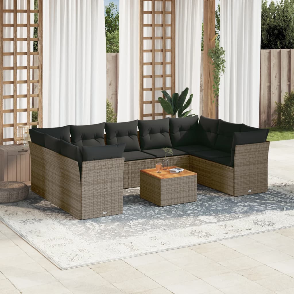 10-tlg. Garten-Sofagarnitur mit Kissen Schwarz Poly Rattan