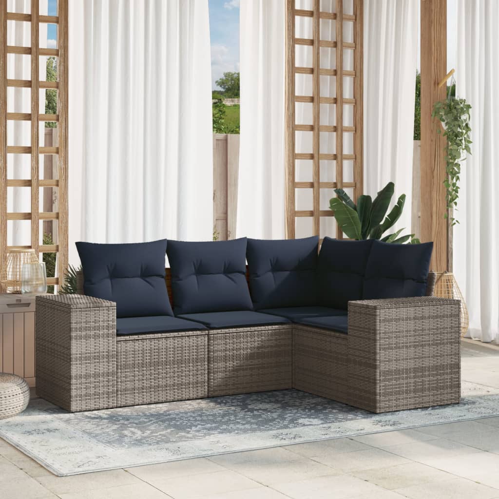 4-teiliges Gartensofa-Set mit Kissen, schwarzes Polyrattan