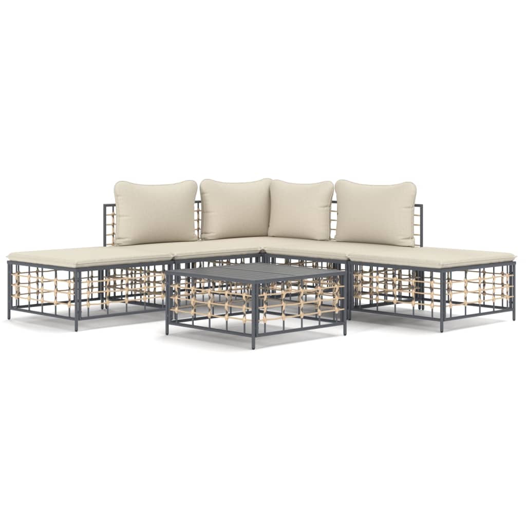 5-tlg. Garten-Lounge-Set mit Kissen Anthrazit Poly Rattan