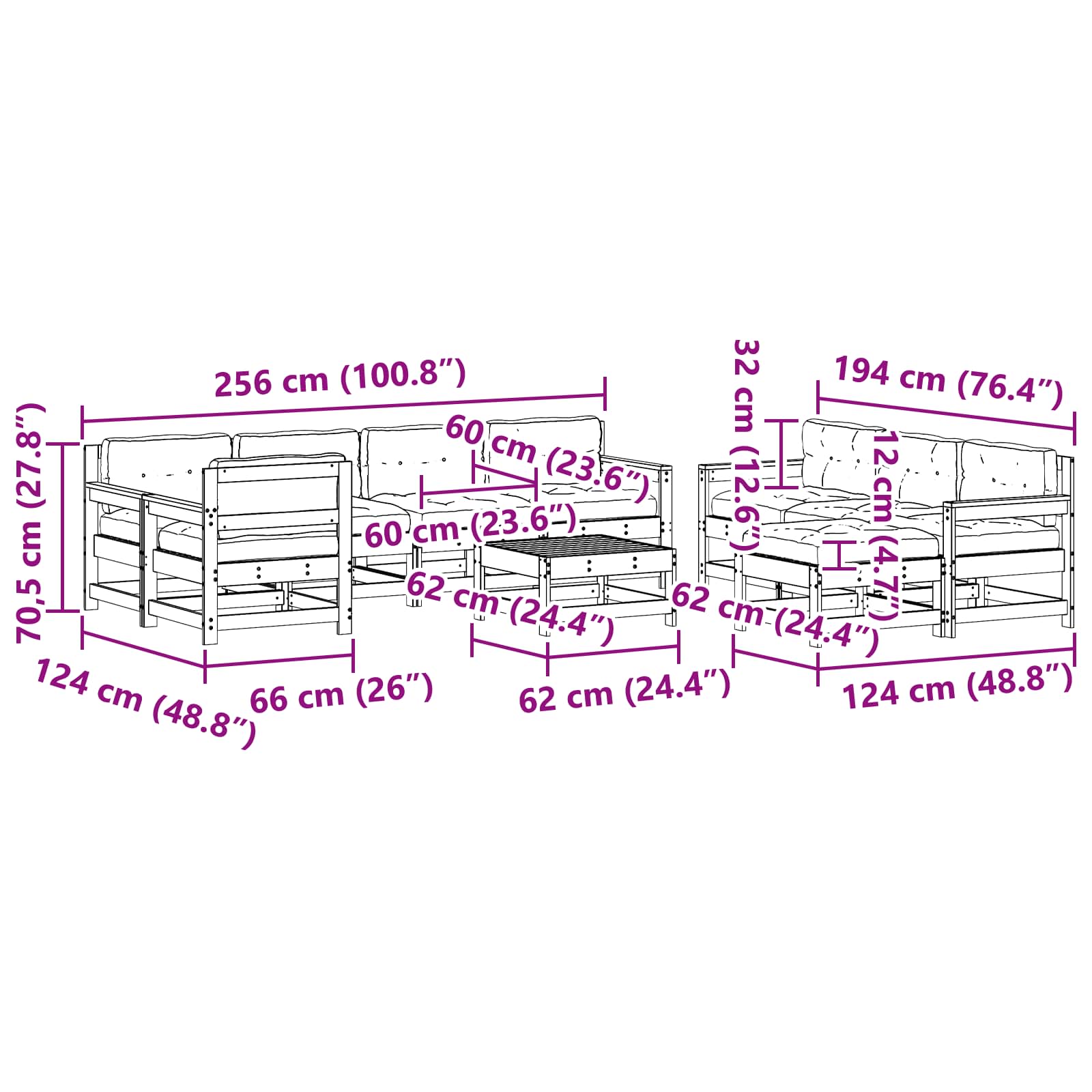 10-tlg. Garten-Lounge-Set mit Kissen Schwarz Massivholz