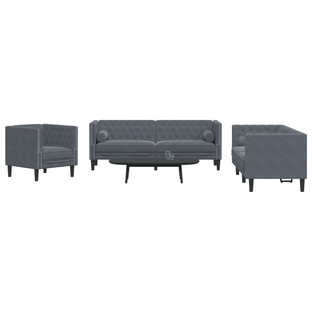 3-tlg. Chesterfield-Sofa-Set mit Nackenrollen Hellgrau Samt