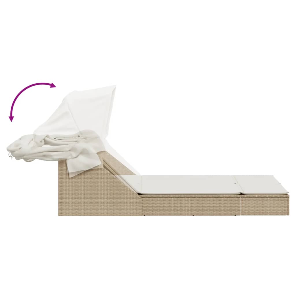 Doppel-Sonnenliege mit Dach und Auflagen Braun Poly Rattan