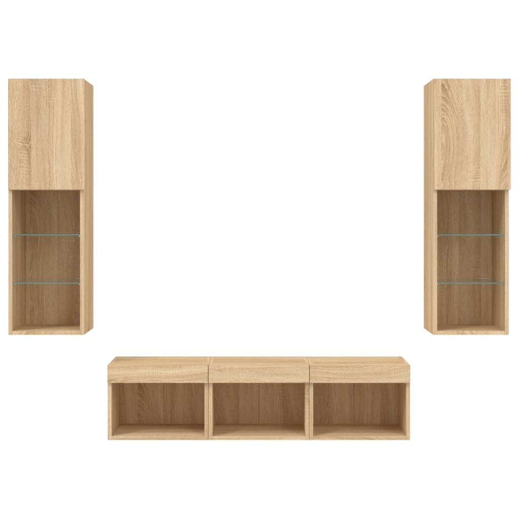 5-tlg. Wohnwand mit LED-Beleuchtung Weiß Holzwerkstoff