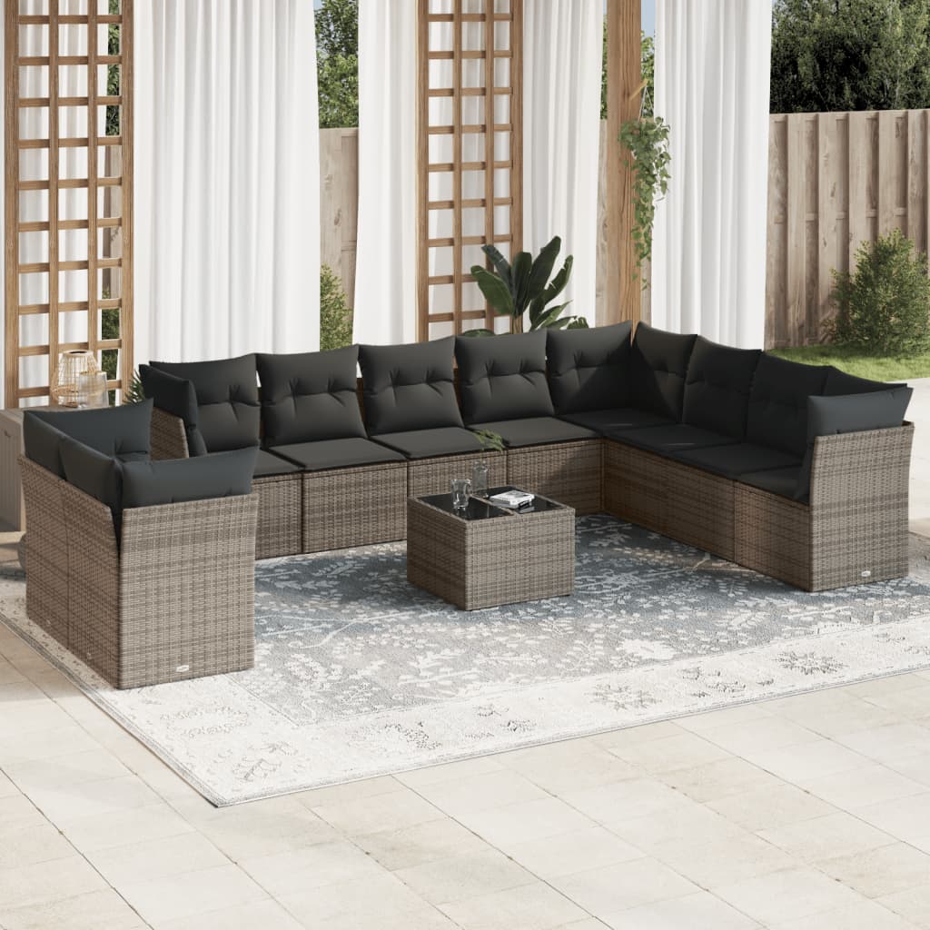 10-tlg. Garten-Sofagarnitur mit Kissen Schwarz Poly Rattan