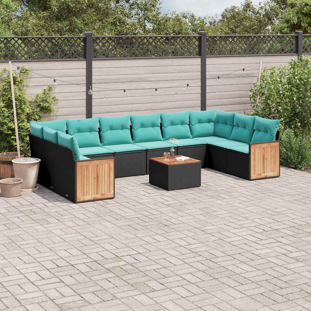 10-teiliges Gartensofa-Set mit Kissen, schwarzes Polyrattan
