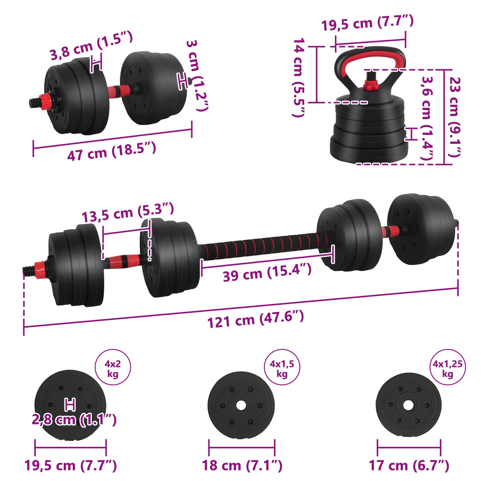 2-in-1 Hantelset 40kg Schwarz und Rot Zement und Eisensand