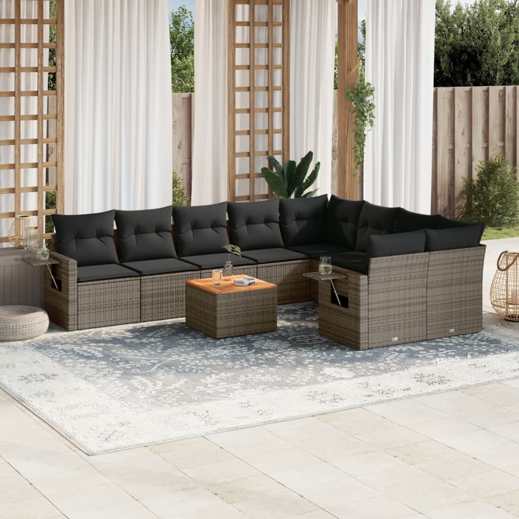 10-tlg. Garten-Sofagarnitur mit Kissen Schwarz Poly Rattan