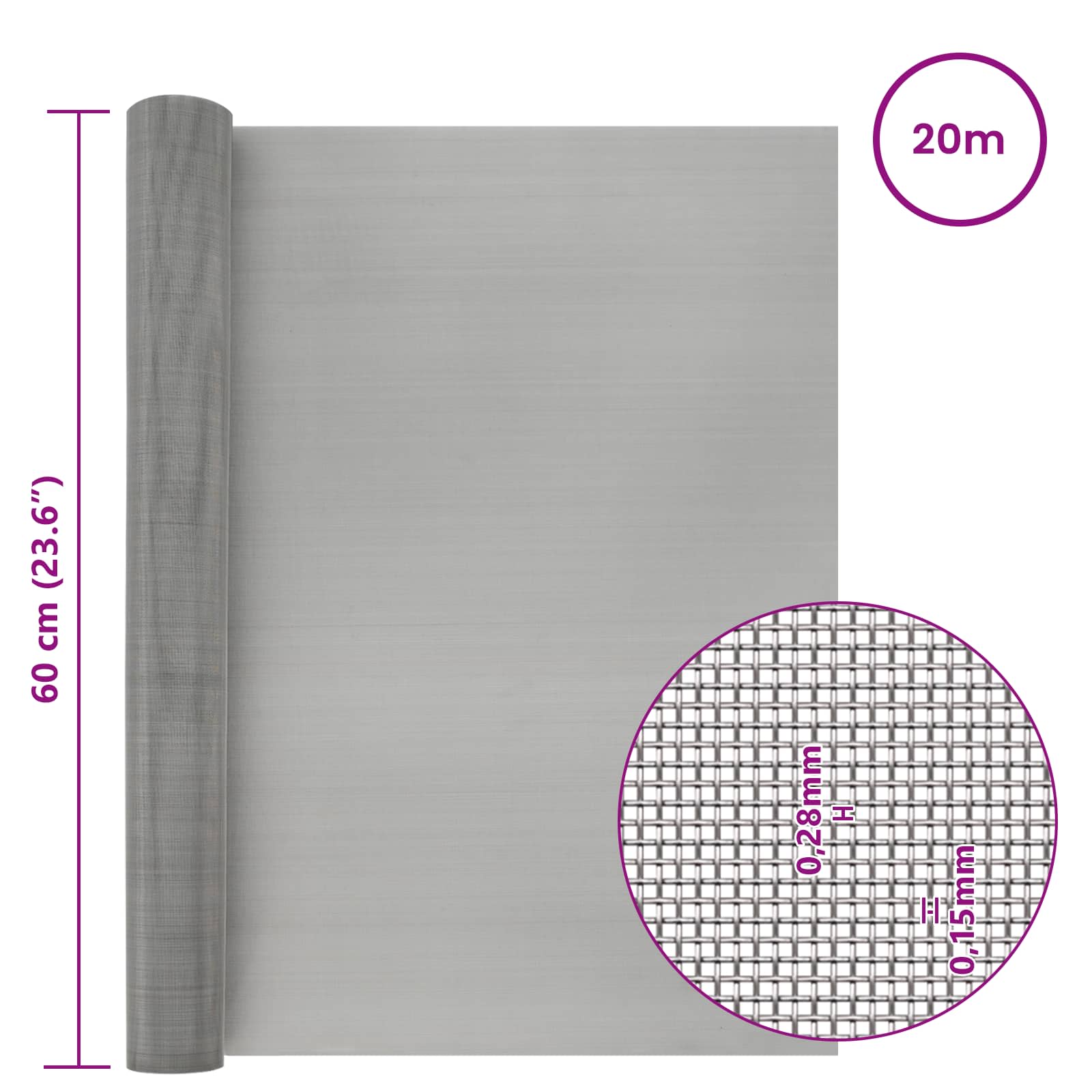 Mesh Bildschirm 20 x 500 cm 20 Mesh Edelstahl 201 Silber