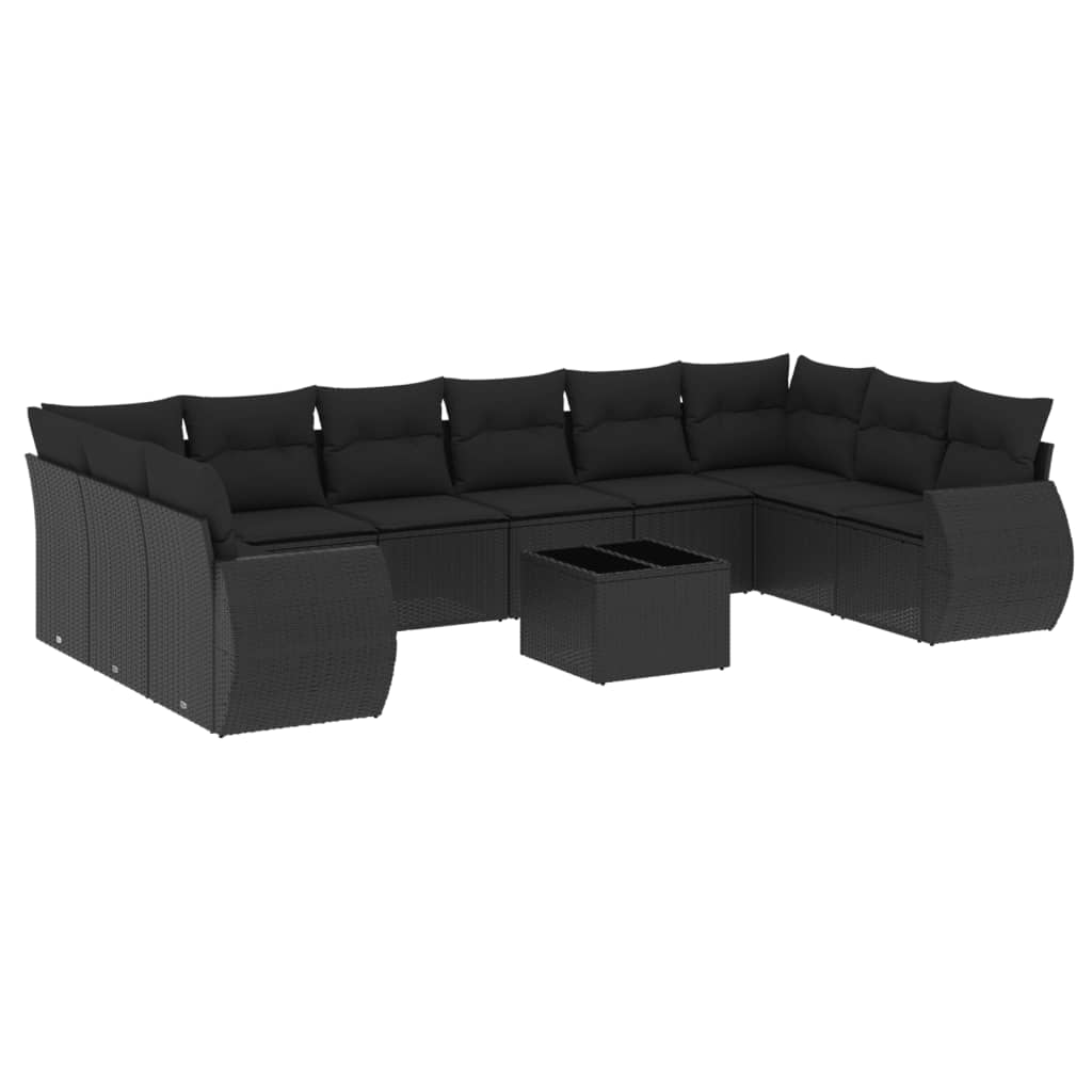 10-tlg. Garten-Sofagarnitur mit Kissen Schwarz Poly Rattan