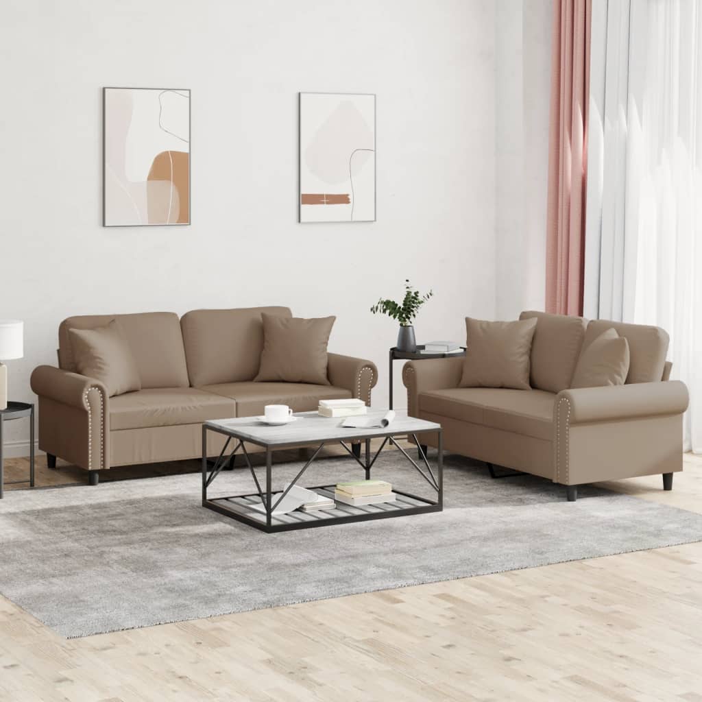 3-tlg. Sofagarnitur mit Kissen Creme Kunstleder