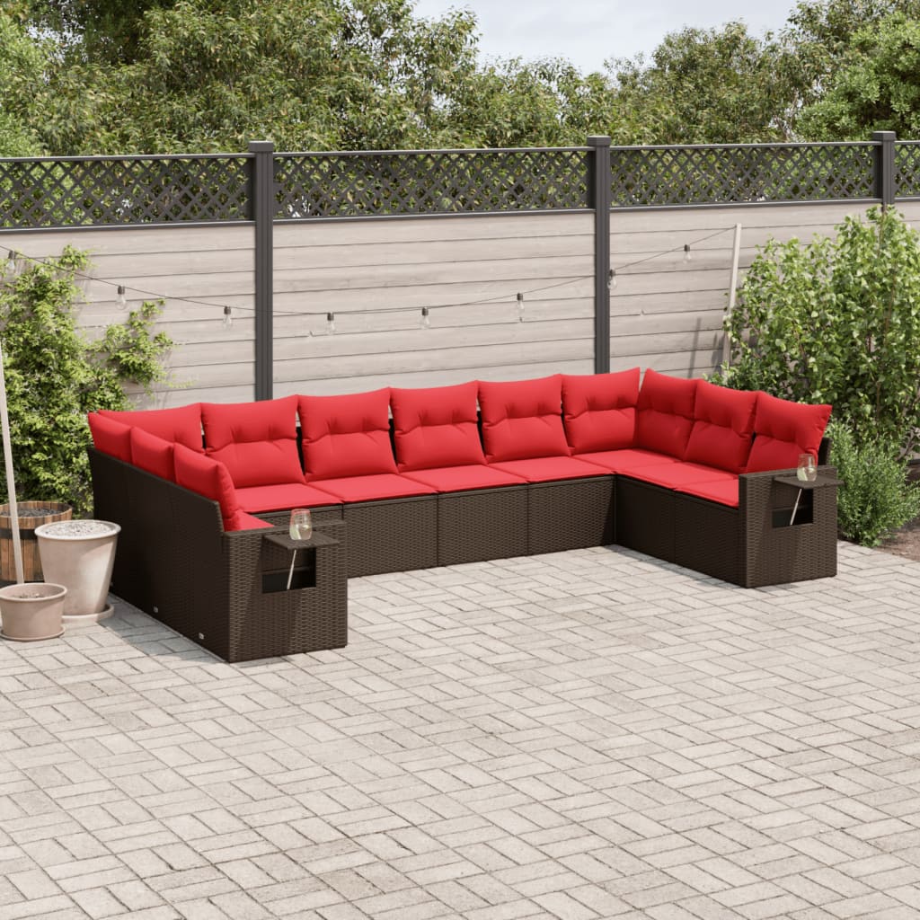 10-teiliges Gartensofa-Set mit Kissen, schwarzes Polyrattan
