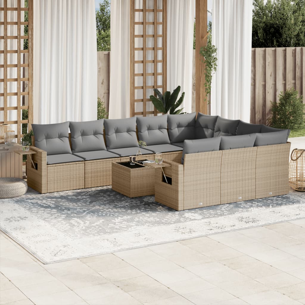 10-tlg. Garten-Sofagarnitur mit Kissen Schwarz Poly Rattan