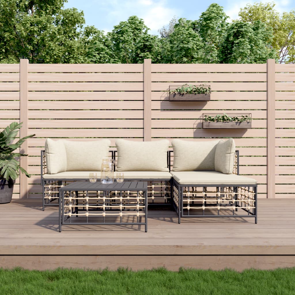 5-tlg. Garten-Lounge-Set mit Kissen Anthrazit Poly Rattan