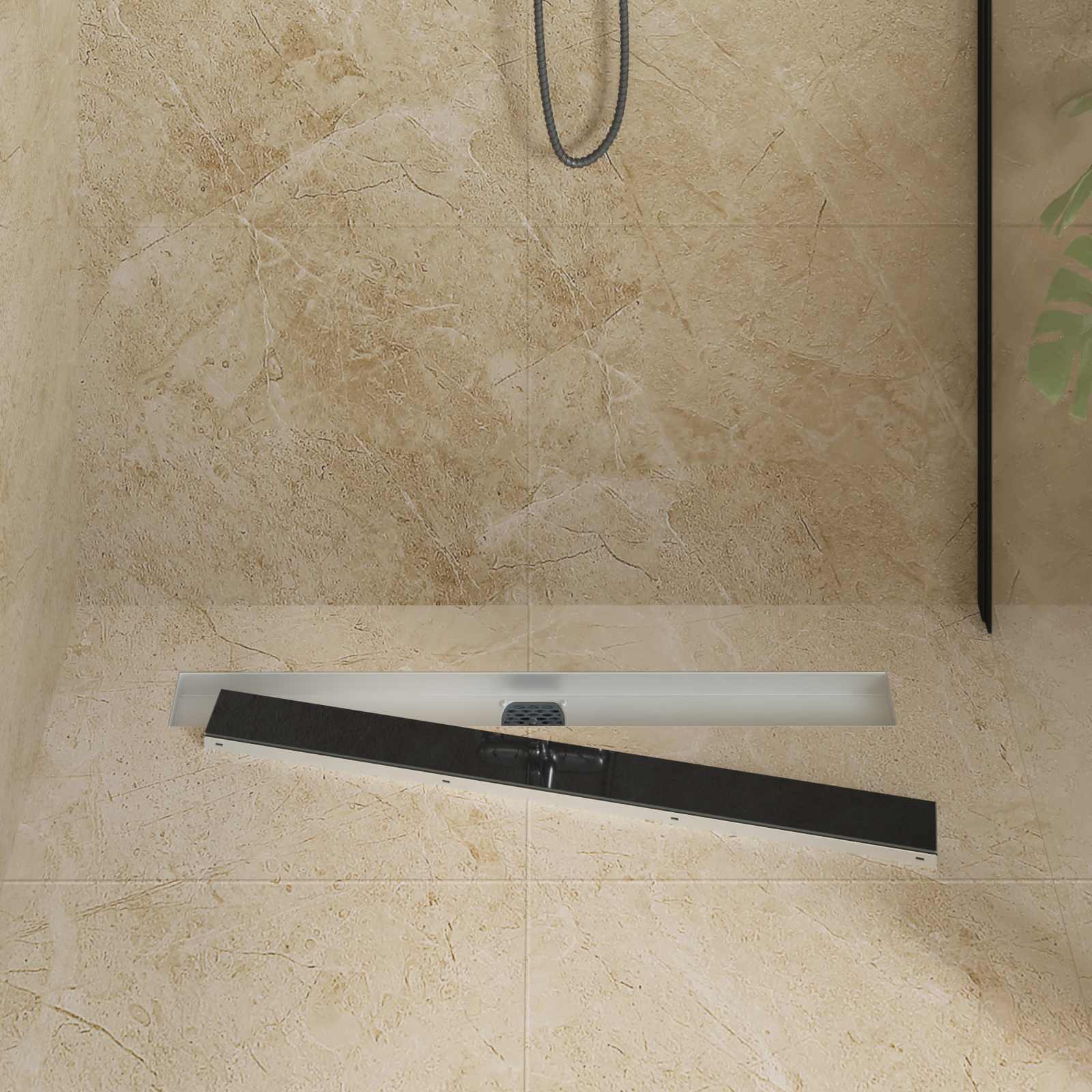 Duschabfluss mit Glashülle und 360° Siphon Schwarz 50 cm