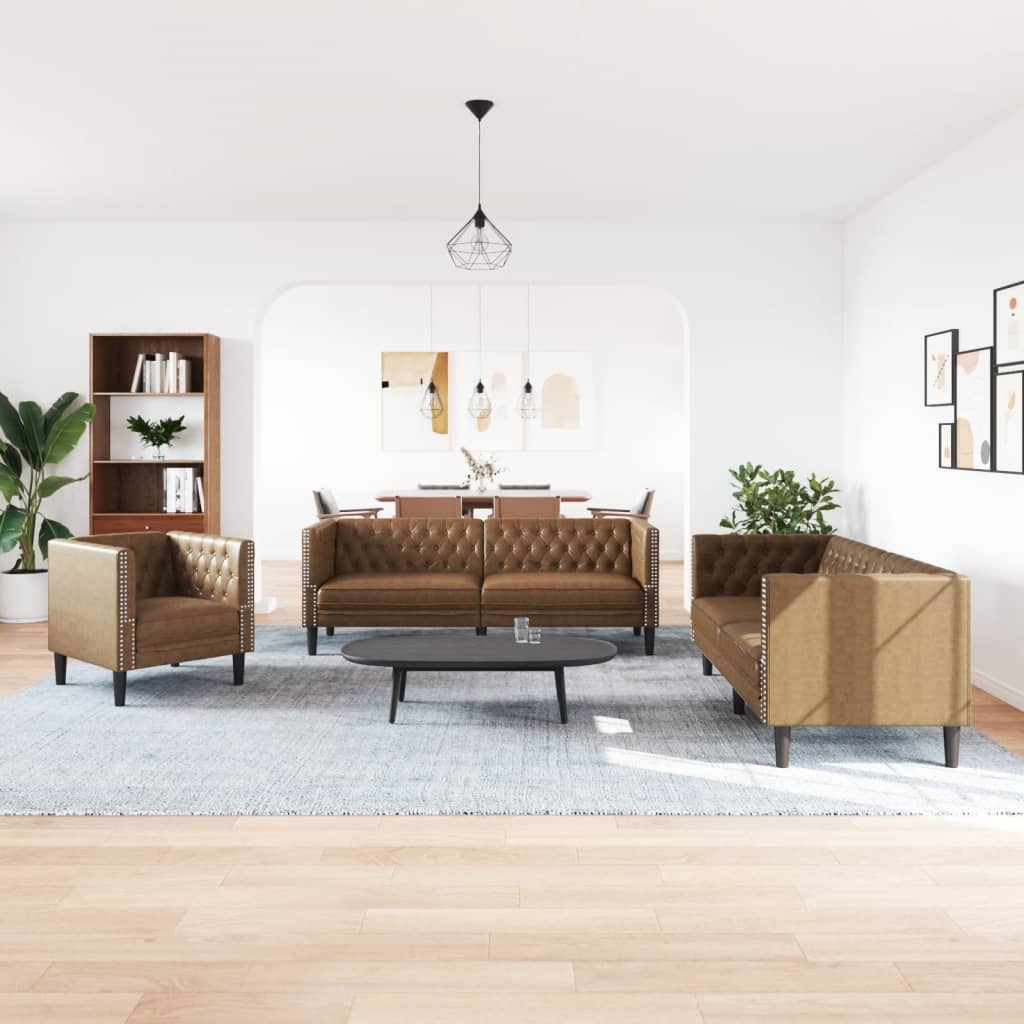 3-tlg. Chesterfield-Sofa-Set Schwarz Kunstleder