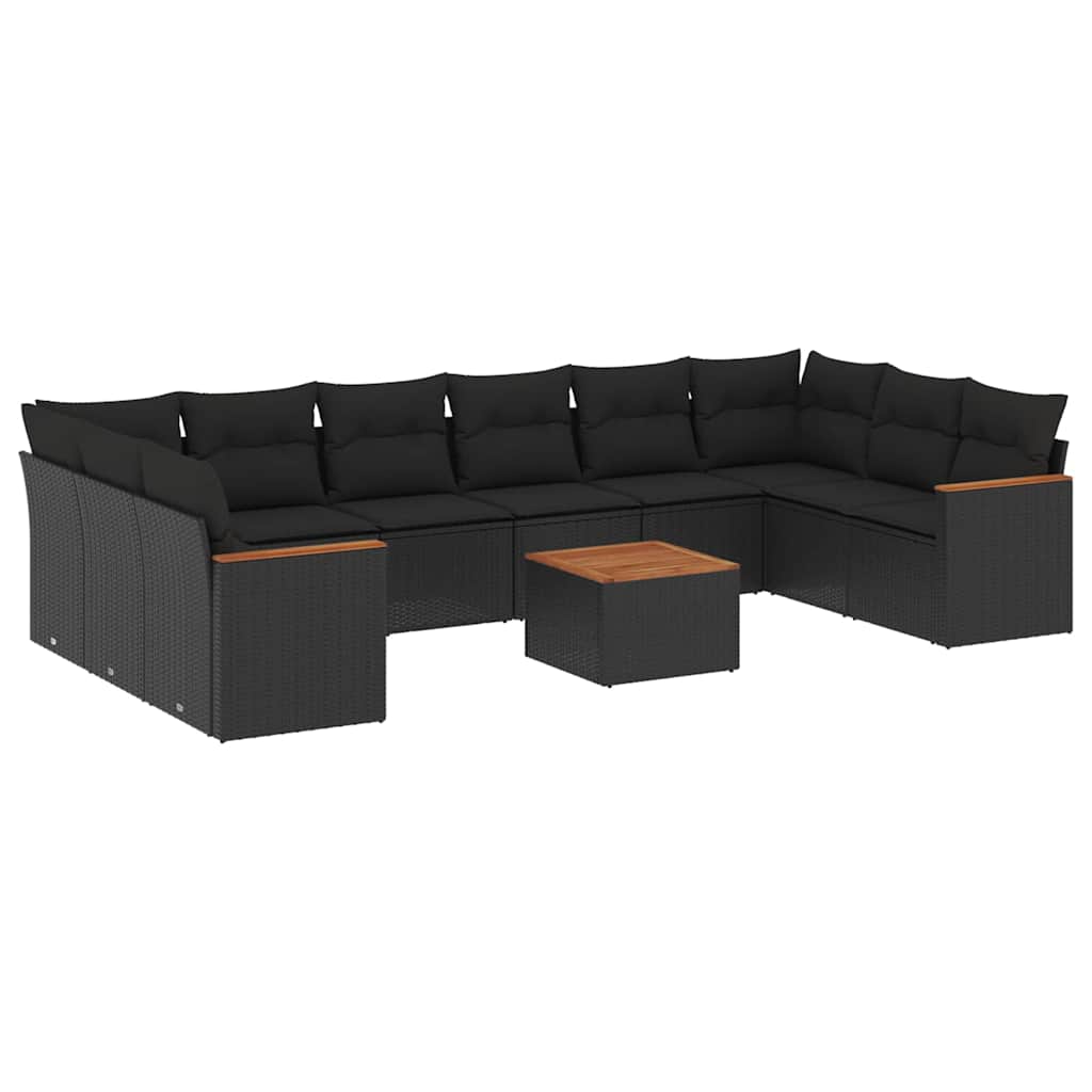 10-tlg. Garten-Sofagarnitur mit Kissen Schwarz Poly Rattan
