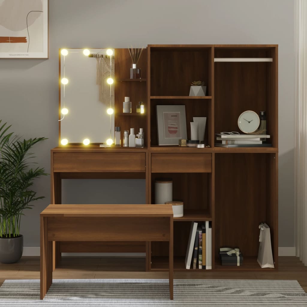 Schminktisch-Set mit LED Weiß Holzwerkstoff