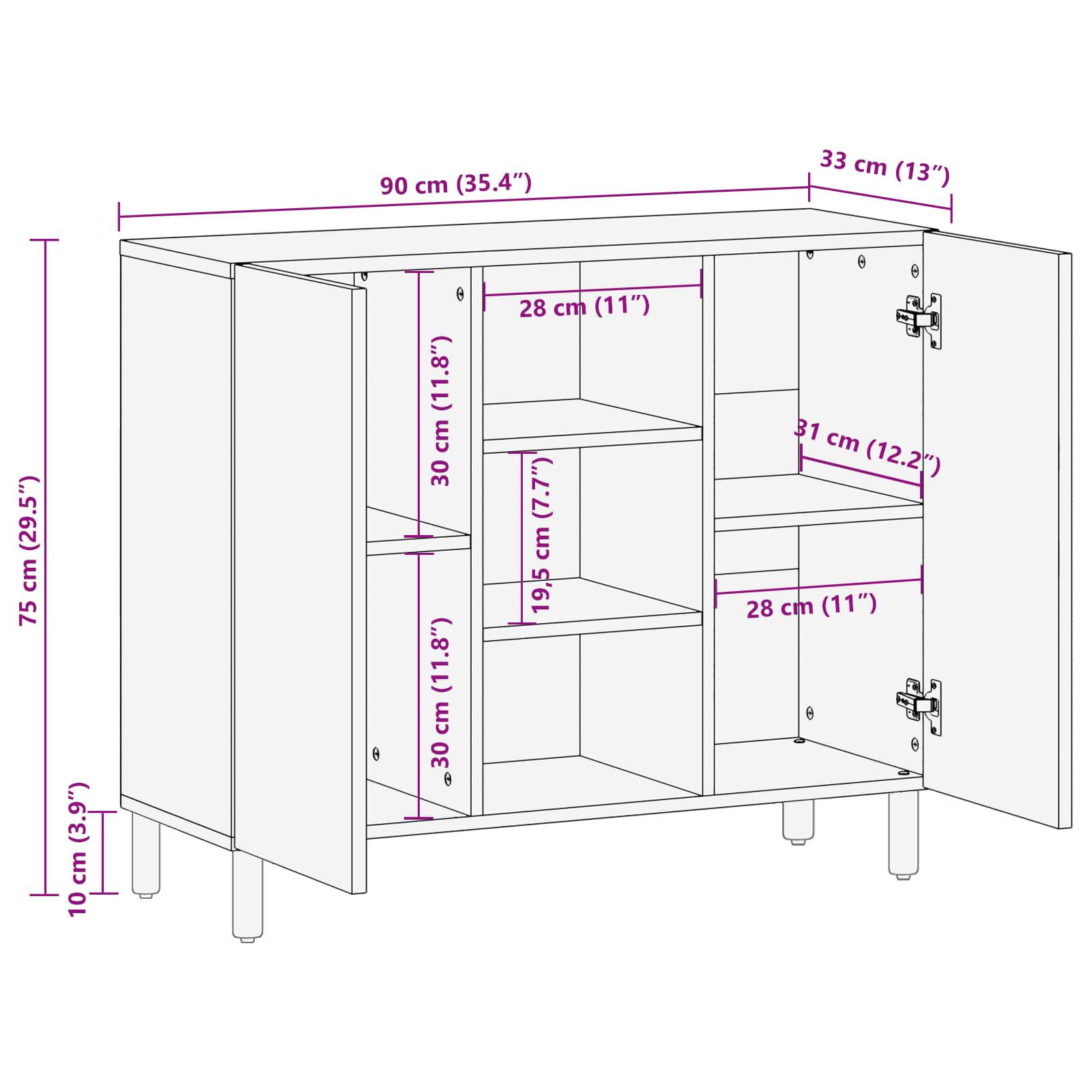 Sideboard mit Regal Weiße gewaschene Oberfläche 90 x 33 x 75 cm