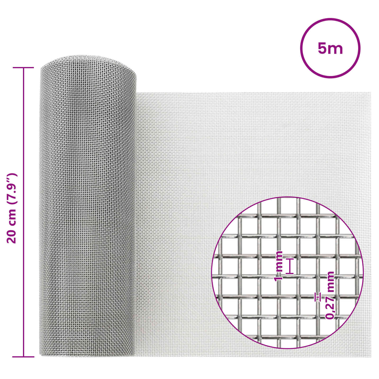 Mesh Bildschirm 20 x 500 cm 20 Mesh Edelstahl 201 Silber