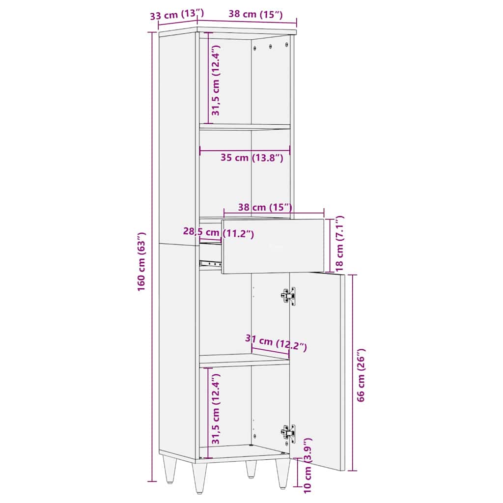 Badezimmerschrank Grau 38 x 33 x 160 cm Massivholz Mango