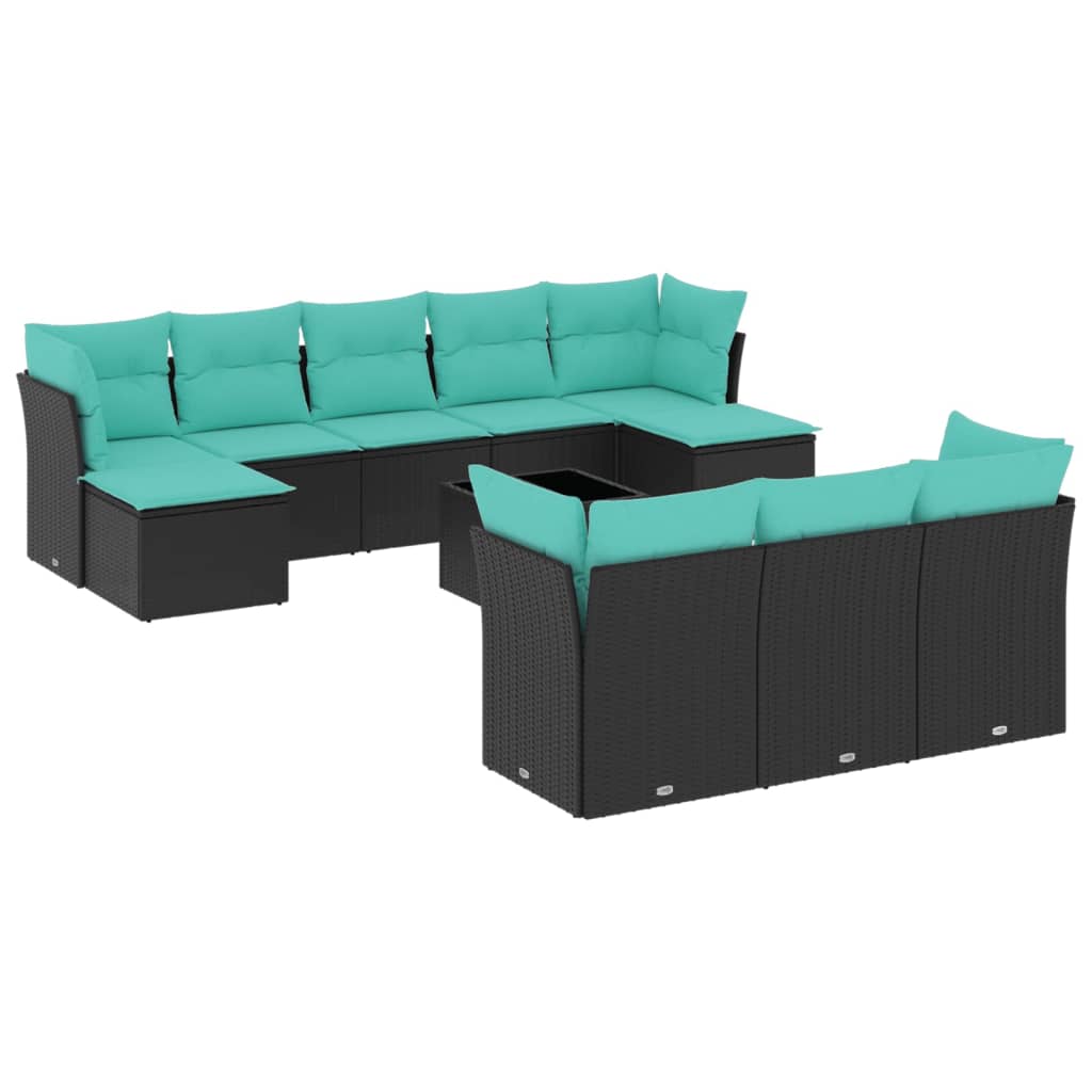 10-teiliges Gartensofa-Set mit Kissen, schwarzes Polyrattan