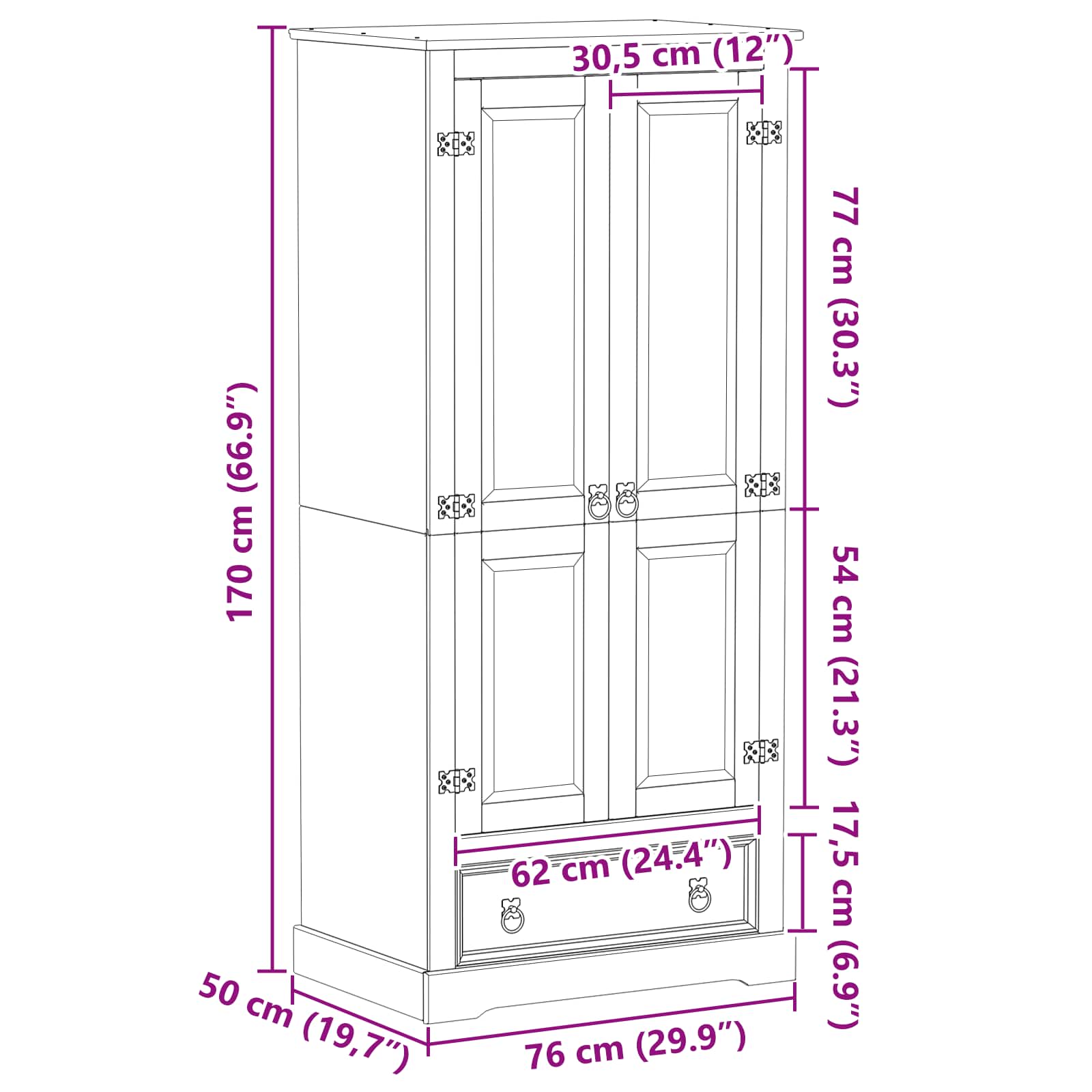 Kleiderschrank Corona 76x50x170 cm Massivholz Kiefer