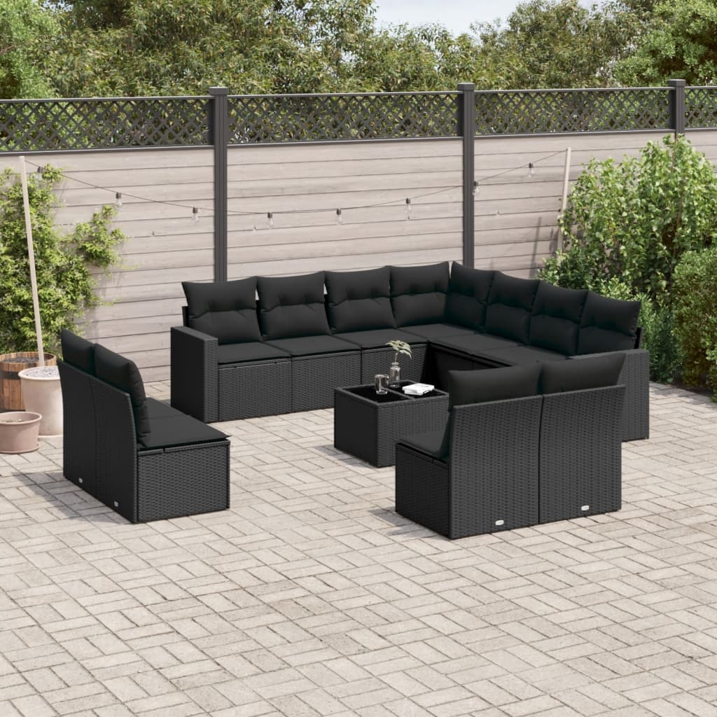 11-tlg. Garten-Sofagarnitur mit Kissen Schwarz Poly Rattan