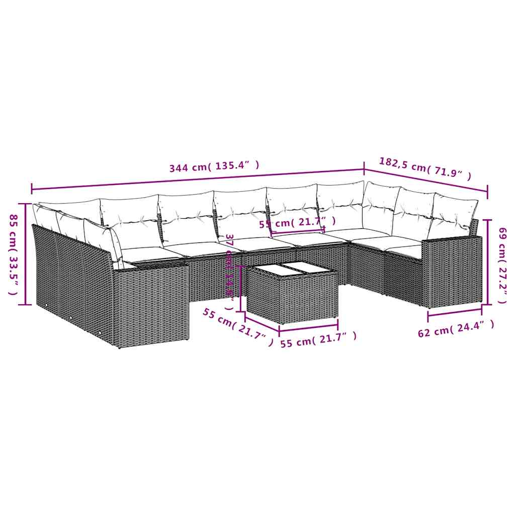 10-tlg. Garten-Sofagarnitur mit Kissen Schwarz Poly Rattan