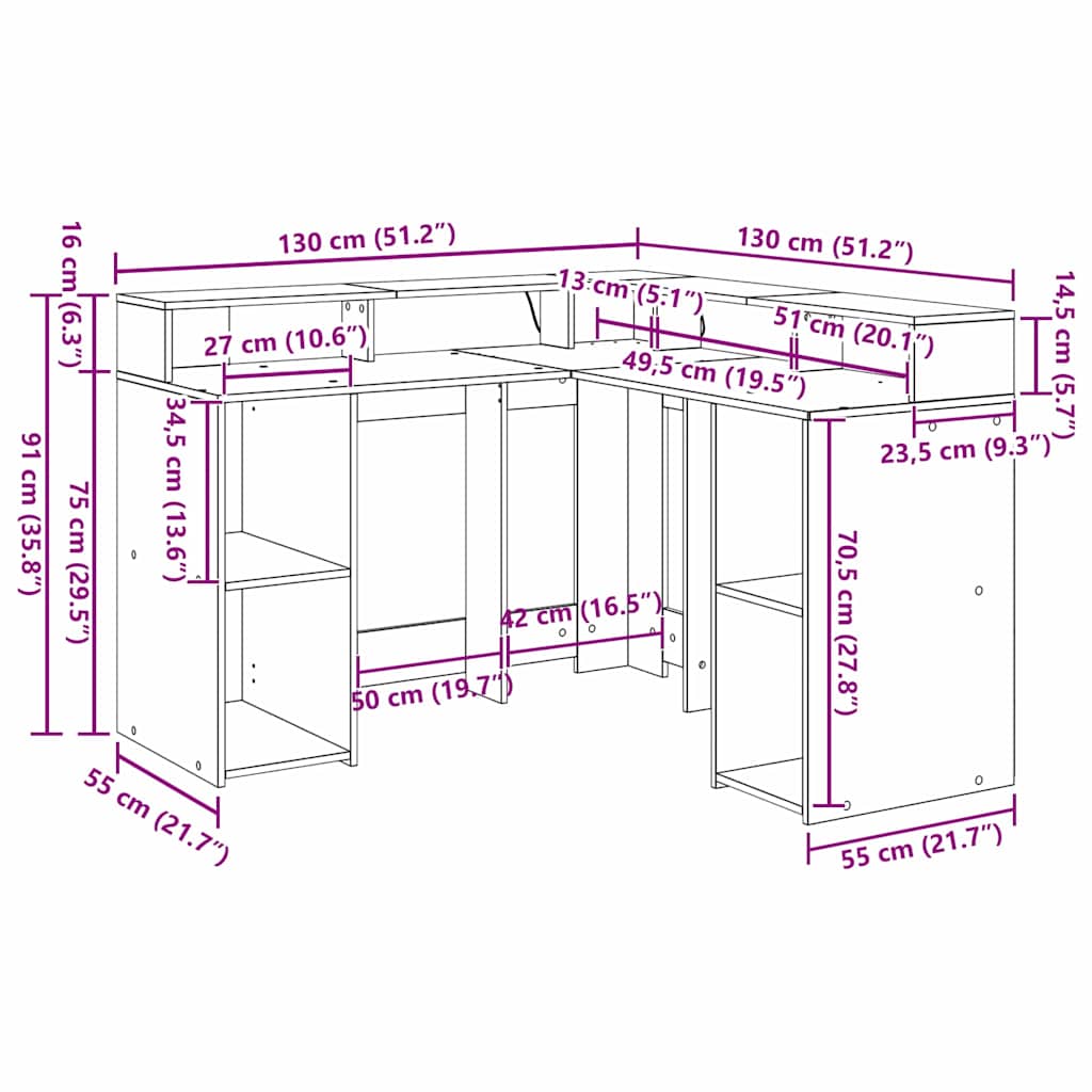 LED-Schreibtisch Weiß 130x130x91 cm Holzwerkstoff