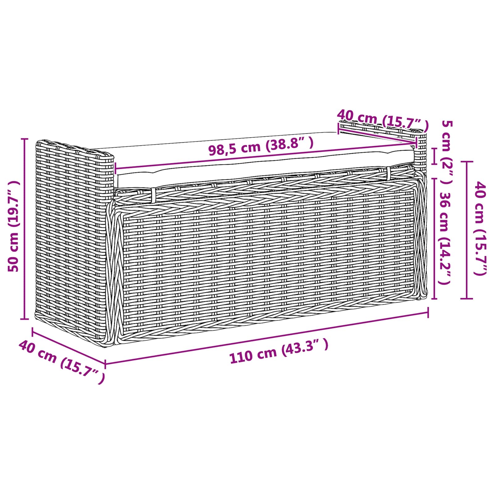 Sitzbank mit Stauraum Weiß gewaschen 110 x 40 x 50 cm Rattan