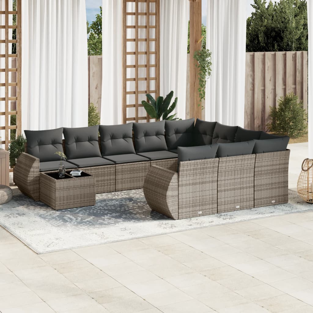 11-tlg. Garten-Sofagarnitur mit Kissen Schwarz Poly Rattan