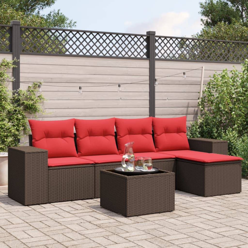5-teiliges Gartensofa-Set mit Kissen, schwarzes Polyrattan