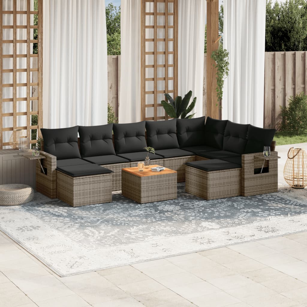 10-tlg. Garten-Sofagarnitur mit Kissen Schwarz Poly Rattan