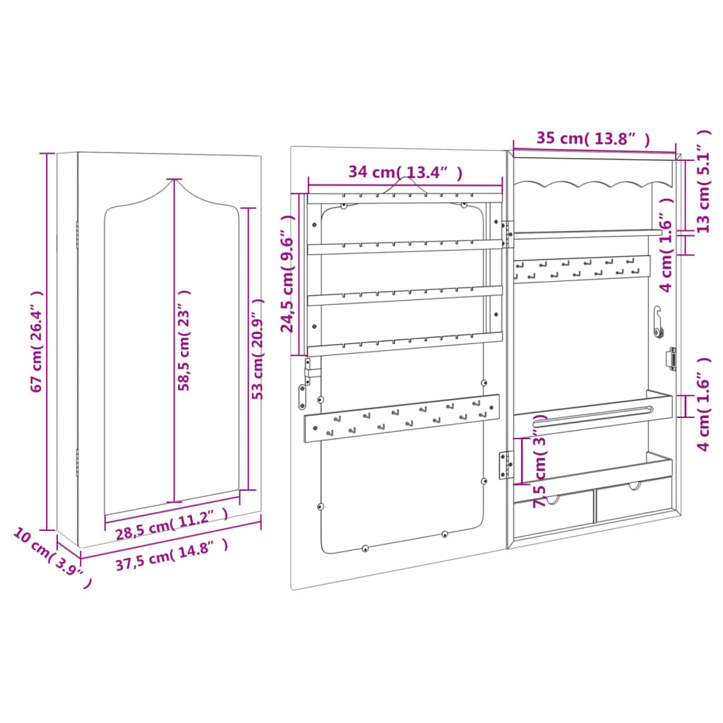 Schmuckschrank mit Spiegel Wandmontage Weiß 37,5x10x106 cm
