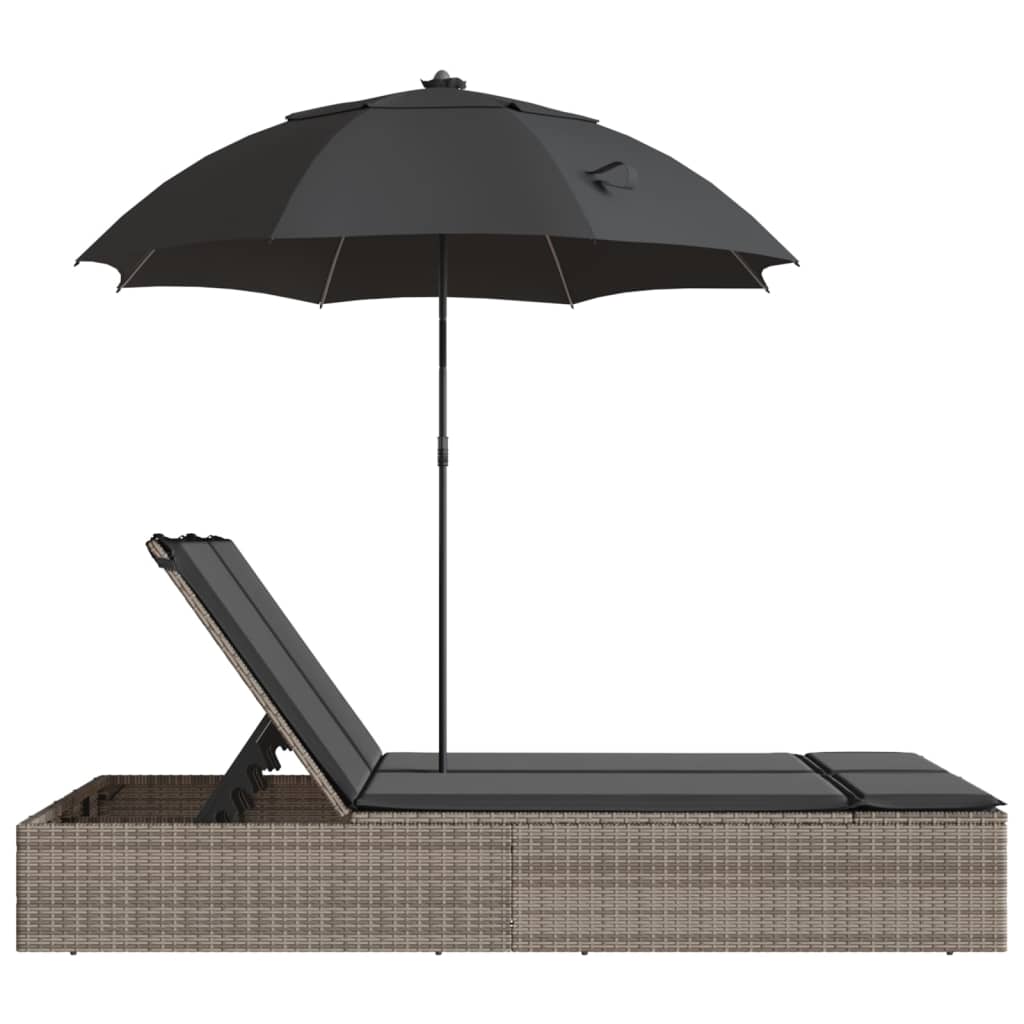 Doppel-Sonnenliege mit Kissen&Sonnenschirm Schwarz Poly Rattan