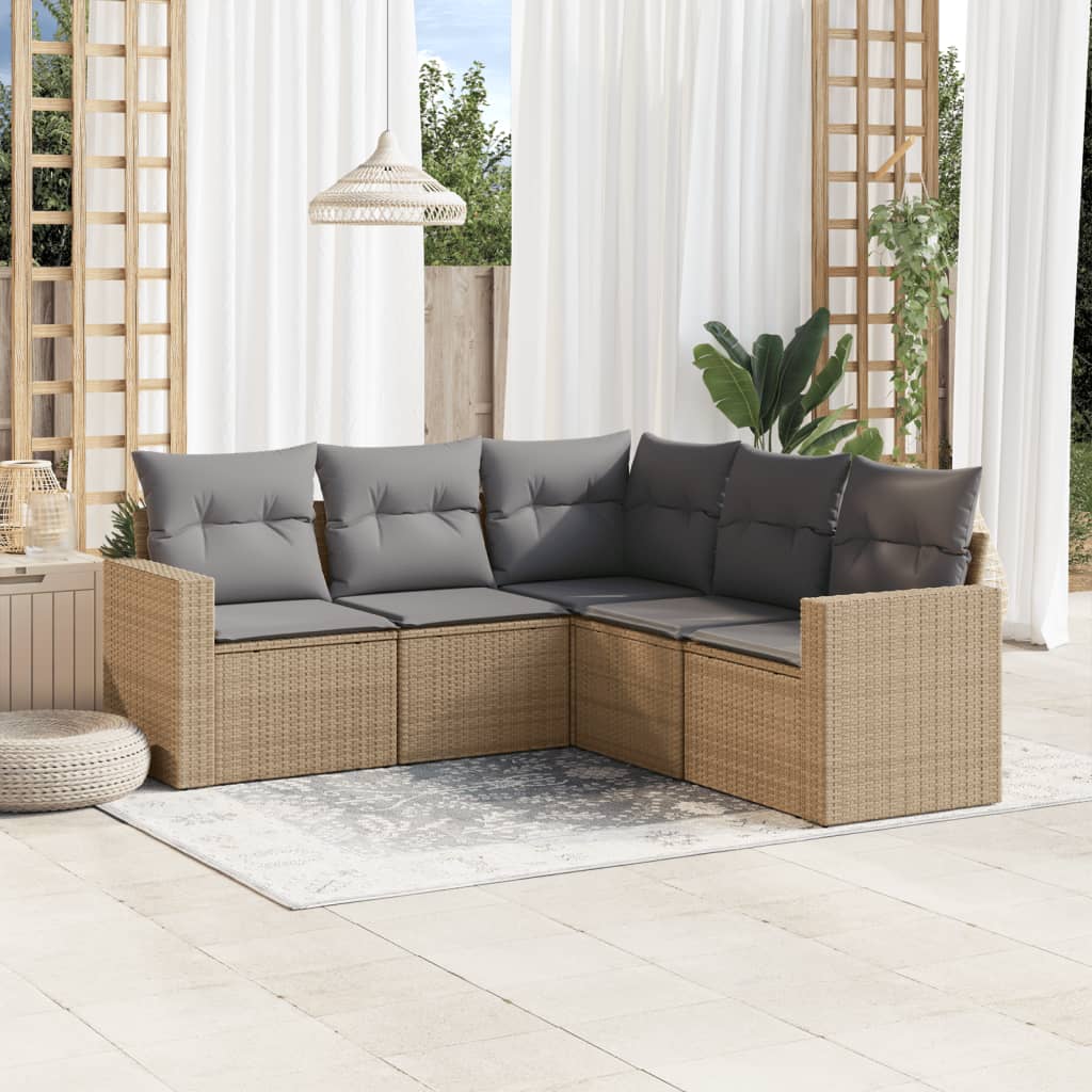 5-tlg. Garten-Sofagarnitur mit Kissen Schwarz Poly Rattan