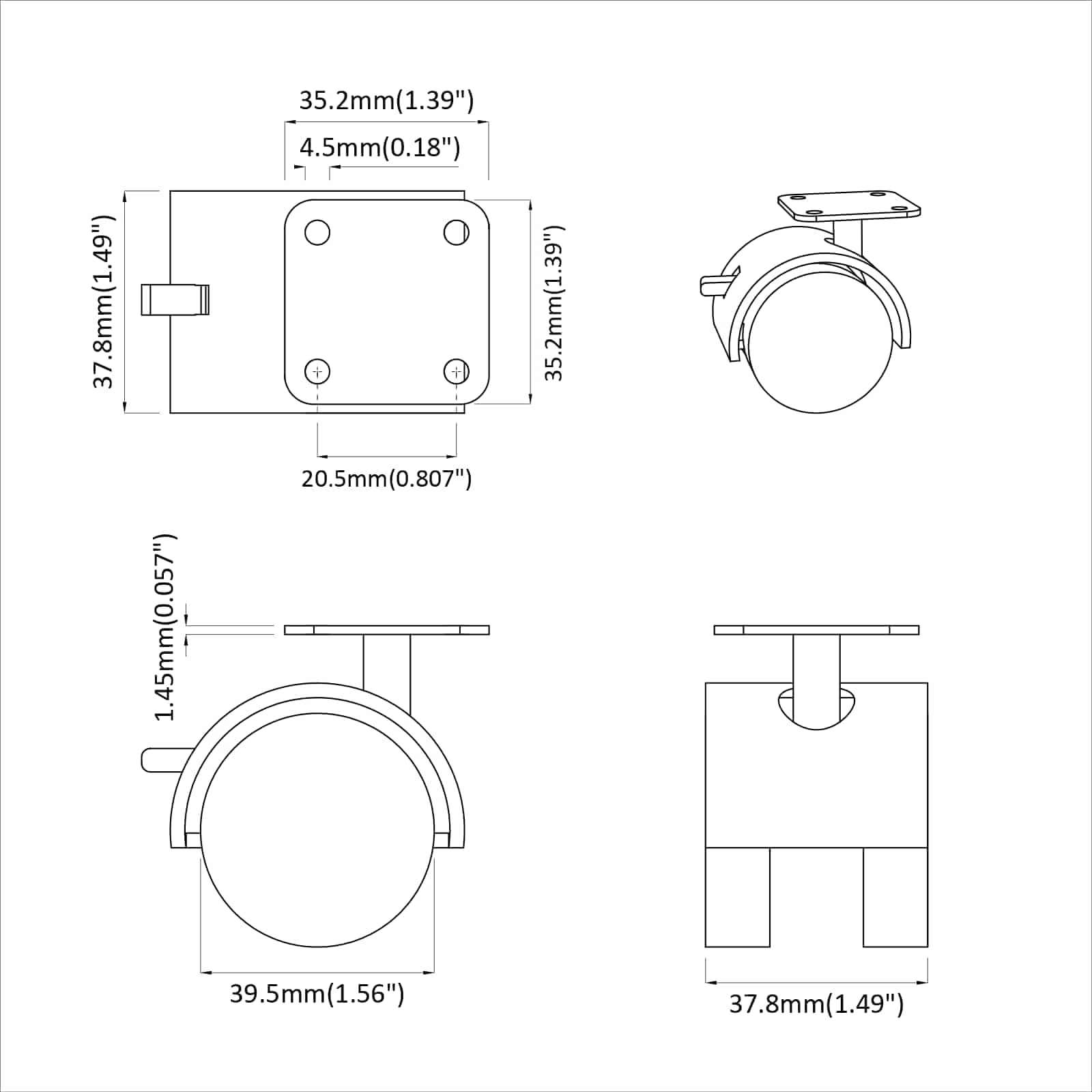 Rolle 2 pcs Schwarz 39,5 x 39,5 x 37,8 mm