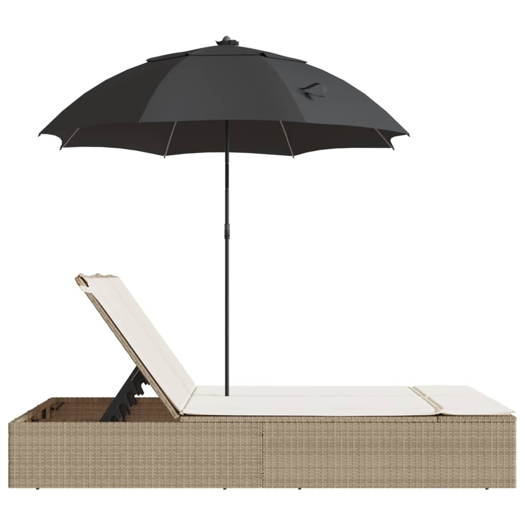 Doppel-Sonnenliege mit Kissen&Sonnenschirm Schwarz Poly Rattan