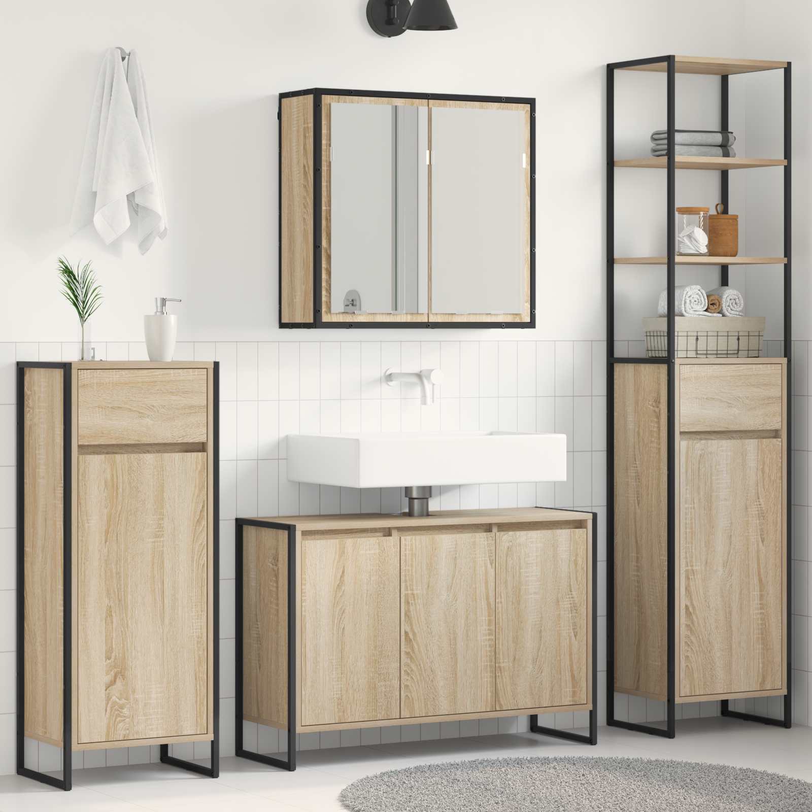Badezimmermöbel-Set mit Tür Schwarz Eichen-Optik Holzwerkstoff