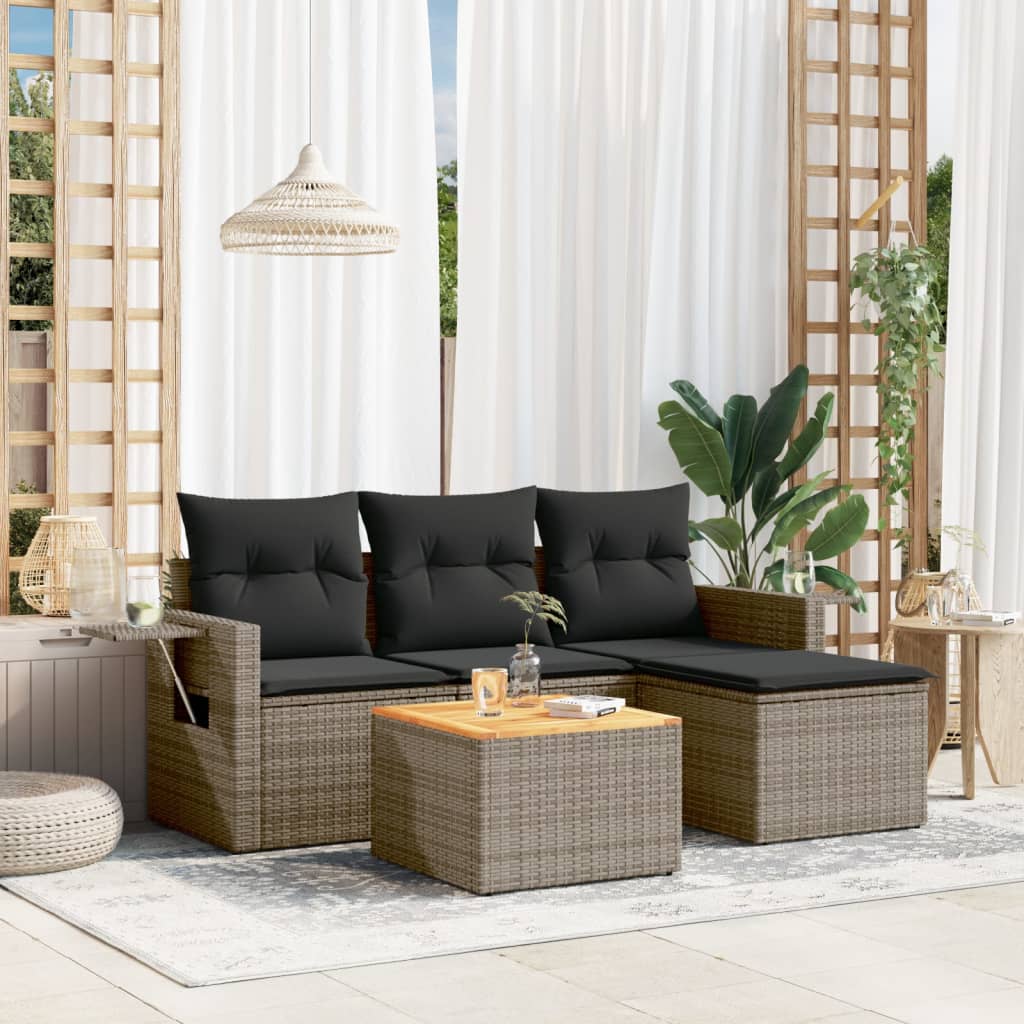 5-tlg. Garten-Sofagarnitur mit Kissen Schwarz Poly Rattan