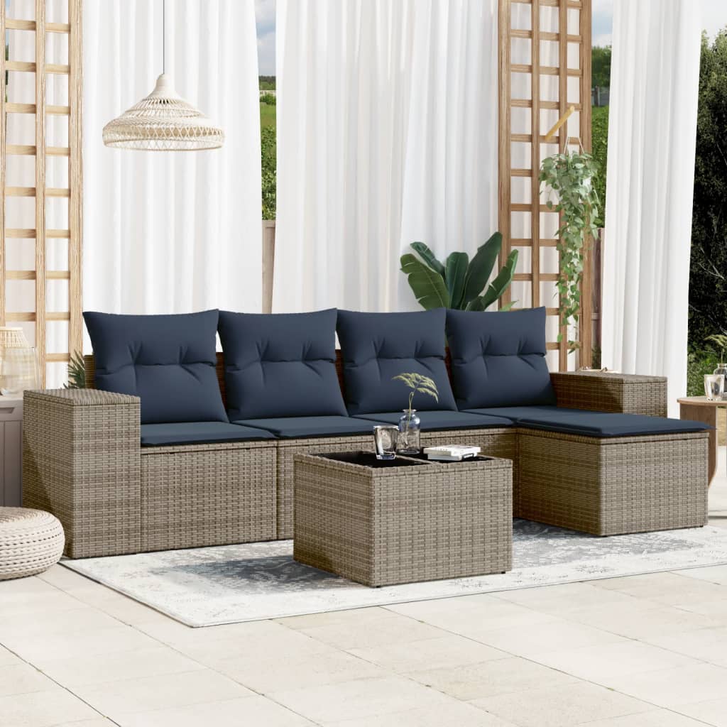 5-teiliges Gartensofa-Set mit Kissen, schwarzes Polyrattan