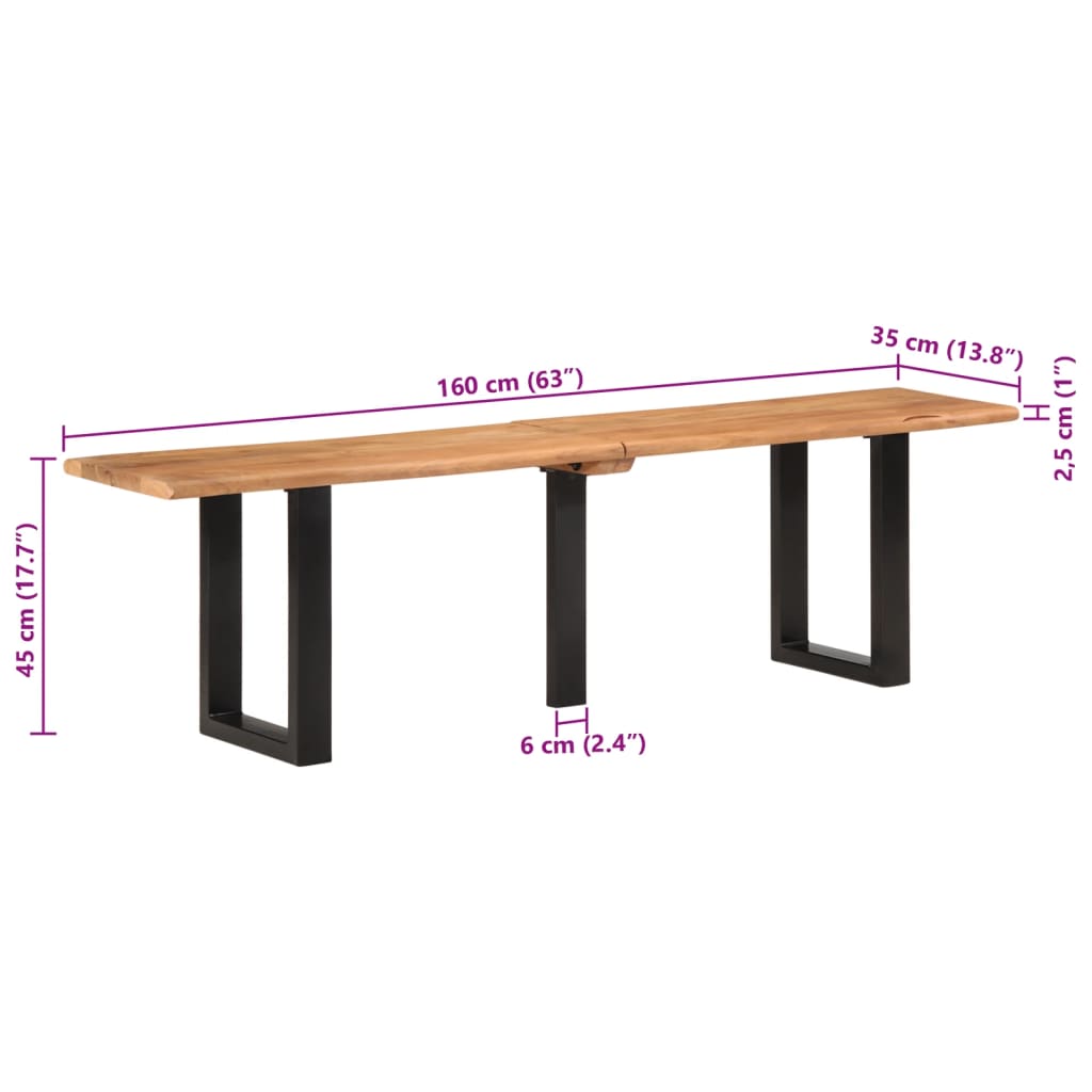 Sitzbank mit Naturkanten 110 cm Akazie Massivholz und Stahl